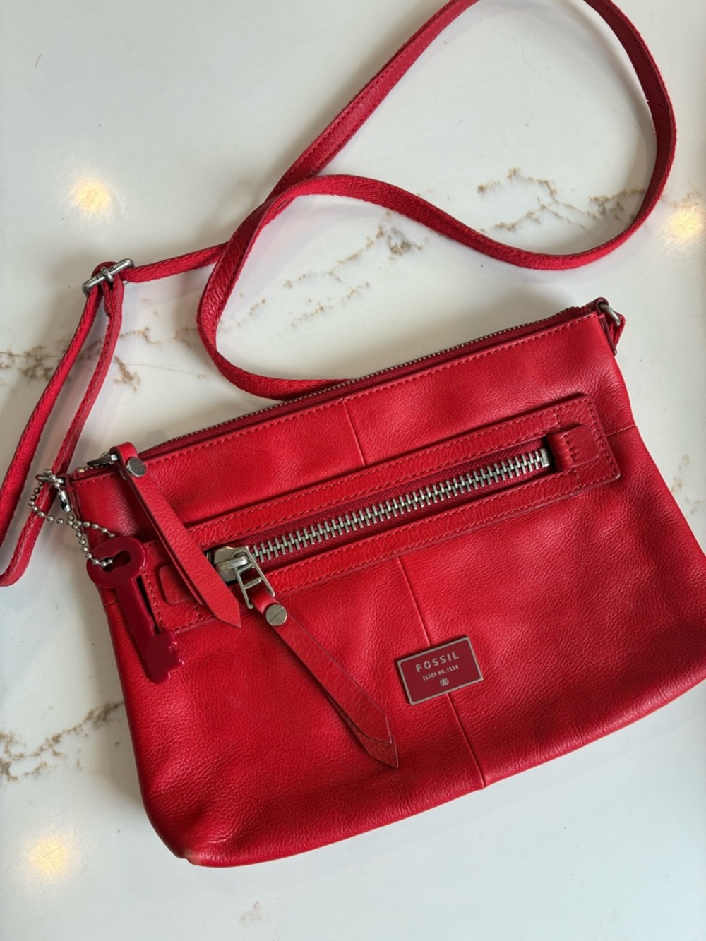 Fossil Red Leather Zip-Front Crossbody Bag